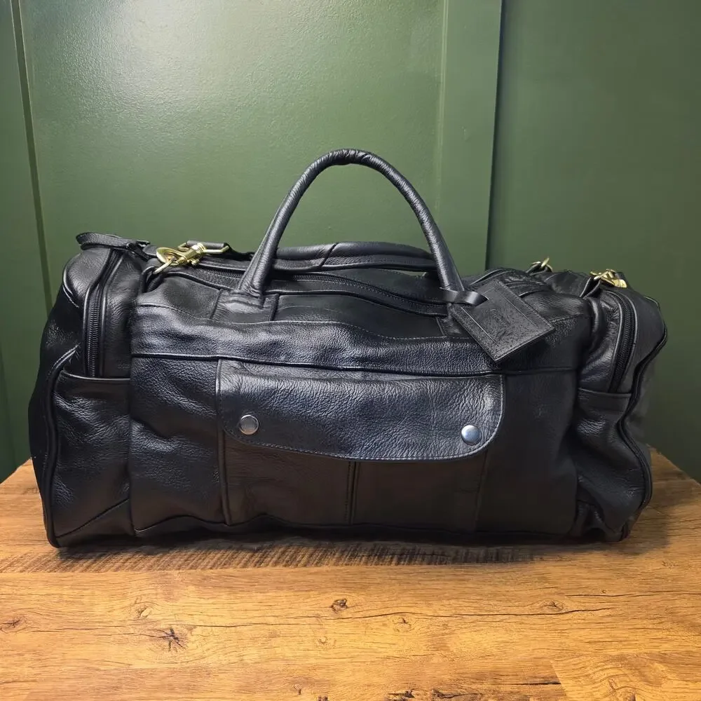 Black leather duffle Travel Weekender bag Gym Shoulder carry-on 20x11x9in